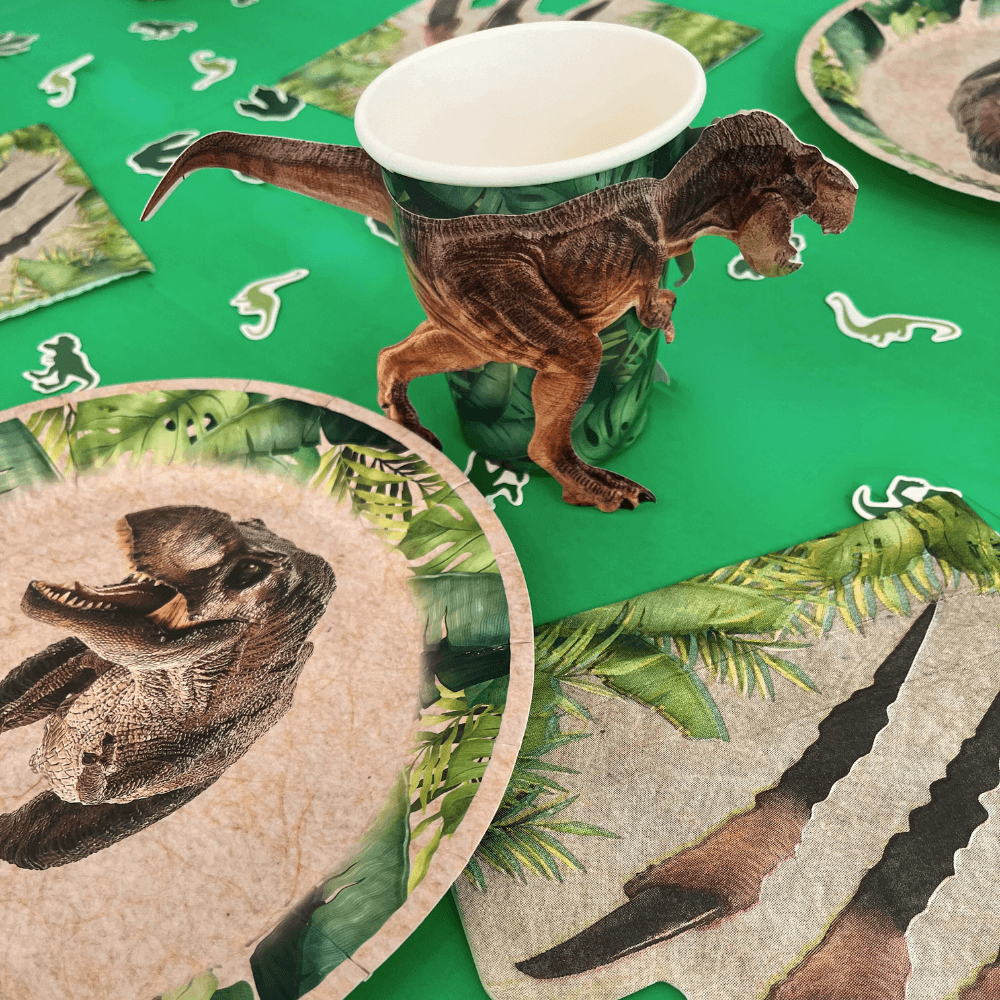 Box anniversaire Jimily : Décoration de table préhistorique pour anniversaire enfant : assiettes, gobelets et serviettes jetables sur le thème des dinosaures pour une fête d'anniversaire pleine d'aventure !