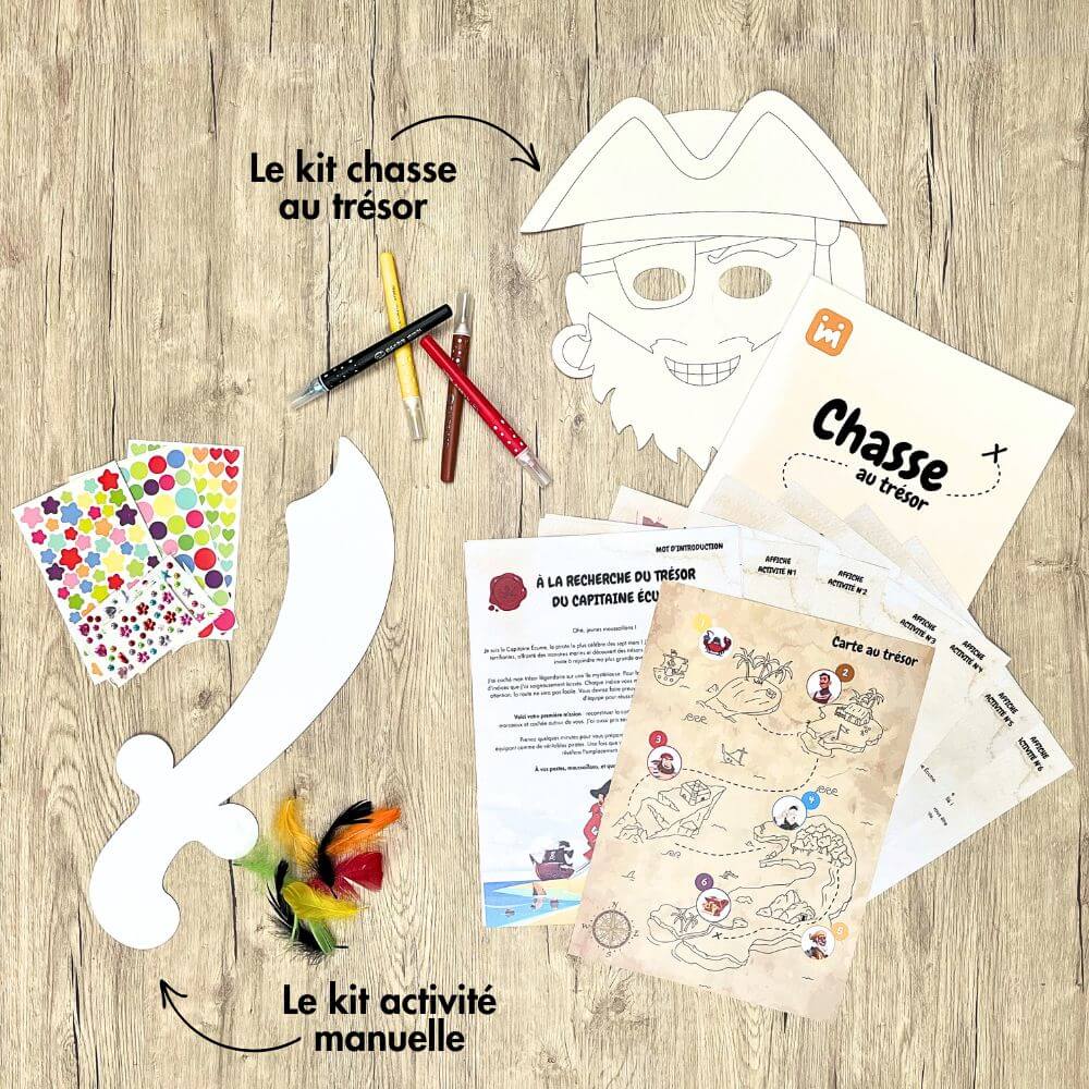 Box anniversaire Jimily Thème Pirate 7/11 ans. Présentation des activites disponibles pour occuper les enfants lors de la fête d’anniversaire : Chasse au trésor avec masques de pirates à personnaliser ou ou activité manuelle avec sabres de pirates à personnaliser avec gommettes, strass et plumes.