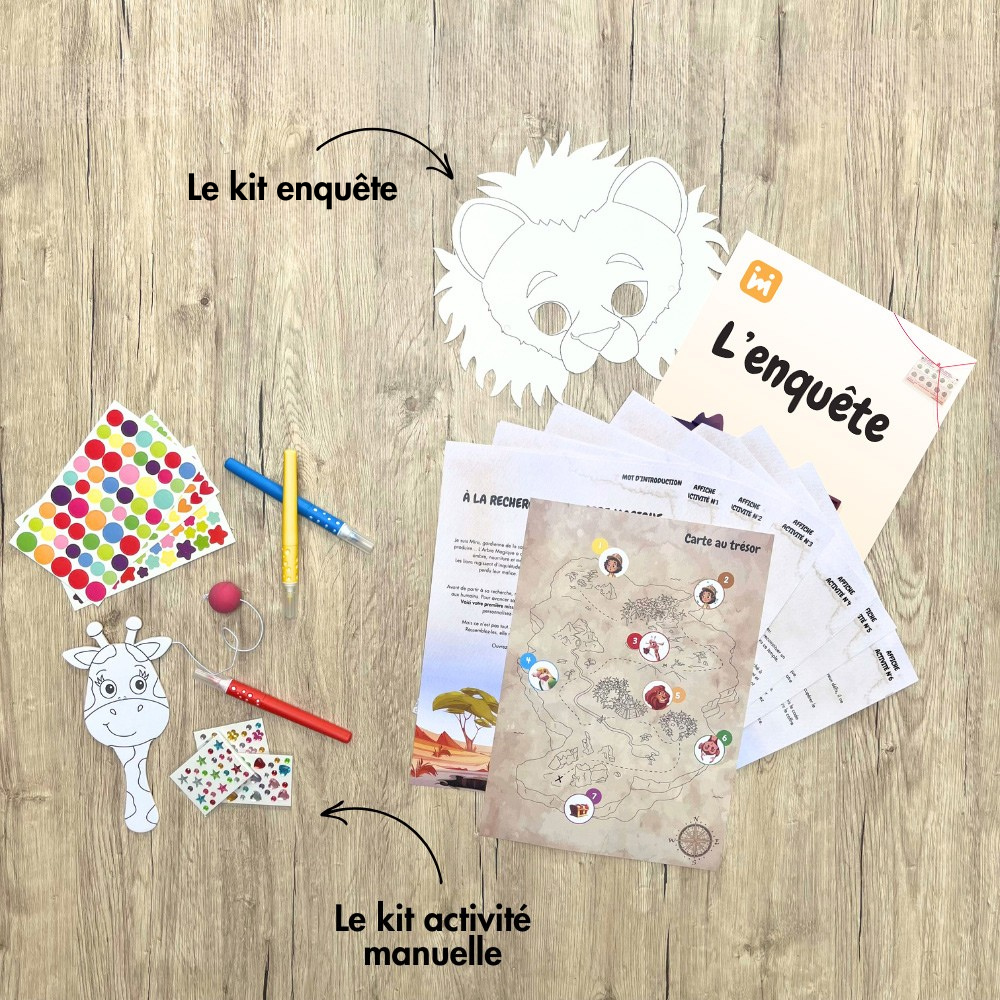 Box anniversaire Jimily Thème Safari 7/10ans. Présentation des activites disponibles pour occuper les enfants lors de la fête d’anniversaire : Une enquête avec des masques d'animaux à personnaliser ou activité manuelle avec des raquettes tape balle à personnaliser.