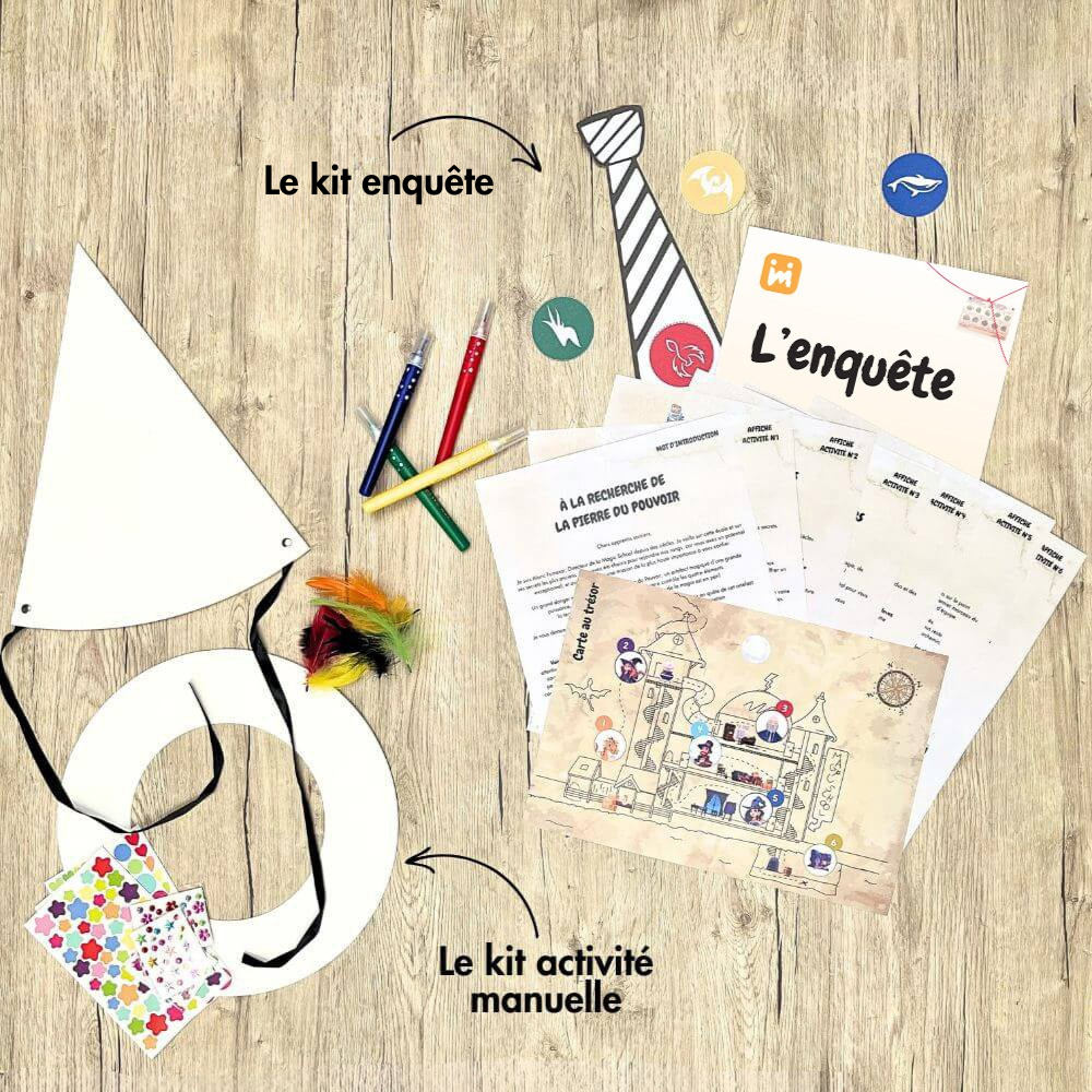 Box anniversaire Jimily Thème Magie 7/10ans. Présentation des activites disponibles pour occuper les enfants lors de la fête d’anniversaire : Une enquête avec cravates à personnaliser ou activité manuelle avec chapeau de sorciers à personnaliser avec gommettes, strass et plumes.