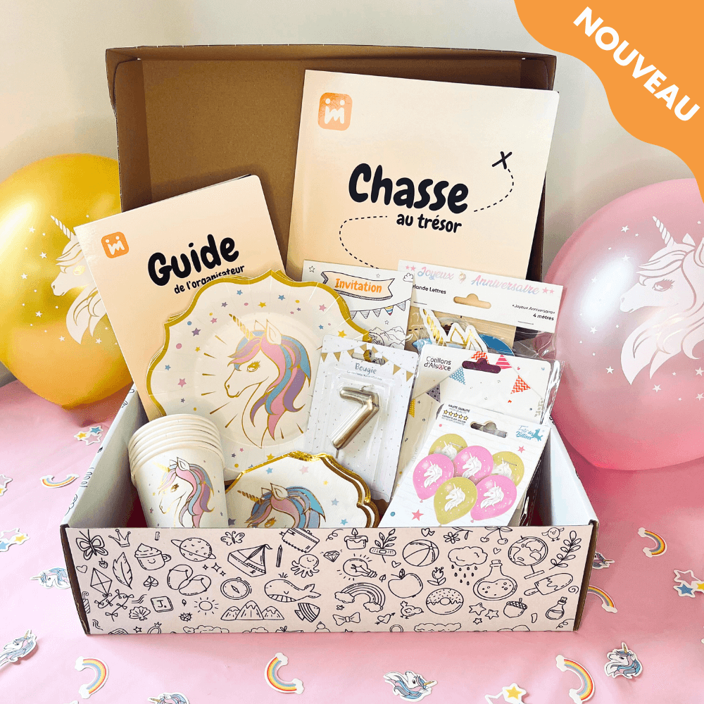 Box anniversaire Jimily Thème Licorne pour enfants de 4 à 11 ans avec chasse au trésor, décorations, cadeaux surprises pour les invités ,invitations et guide de l'organisateur pour les parents
