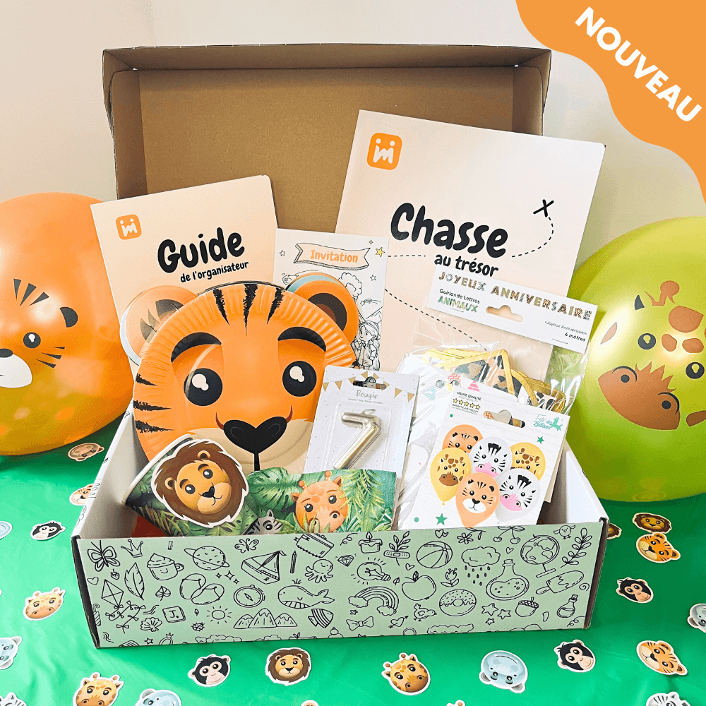Box anniversaire Jimily Thème Safari pour enfants de 4 à 11 ans avec chasse au trésor, décorations, cadeaux surprises pour les invités ,invitations et guide de l'organisateur pour les parents.