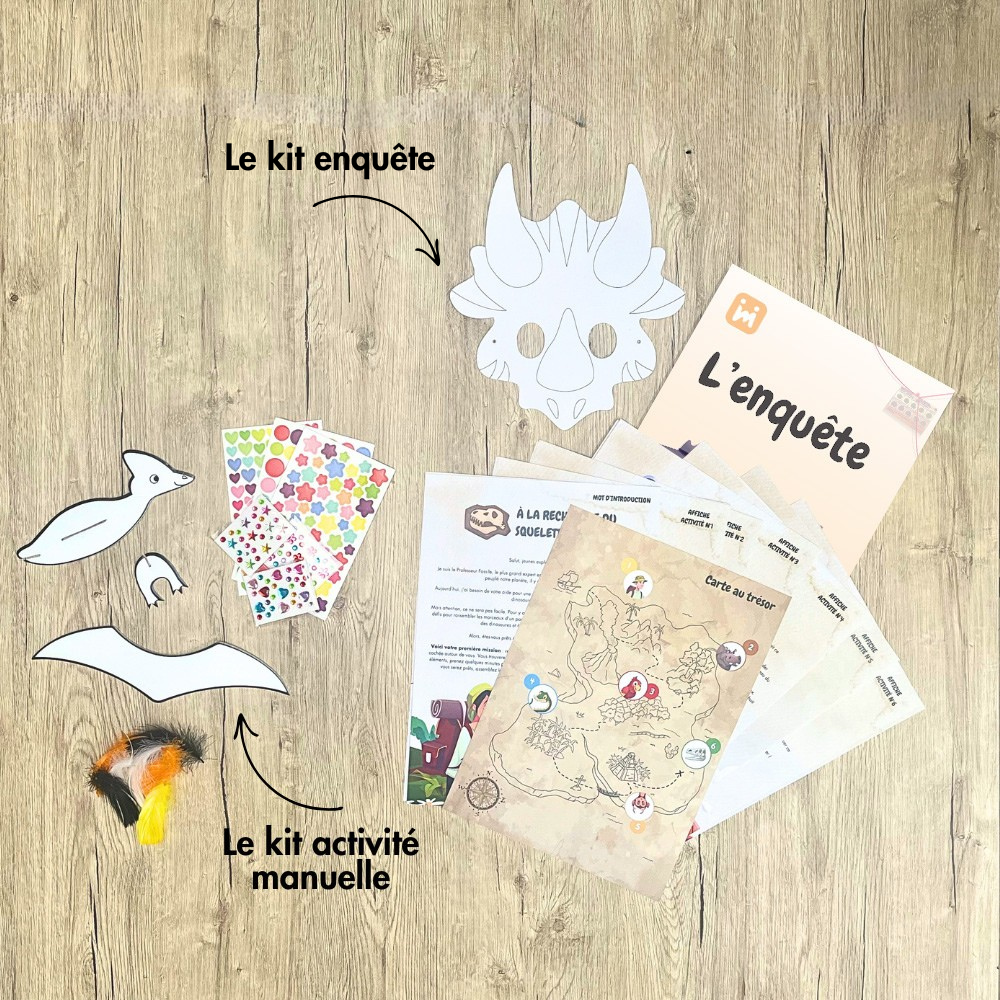 Box anniversaire Jimily Thème Dinosaure 7/10 ans. Présentation des activites disponibles pour occuper les enfants lors de la fête d’anniversaire : Une enquête avec masques de dinosaures à colorier ou activité manuelle avec la création de planneurs dinosaures.
