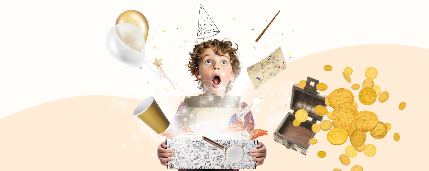 Enfant tenant dans sa main une box anniversaire Jimily ouverte et qui découvre ce que contient la box avec les yeux remplis de magie.