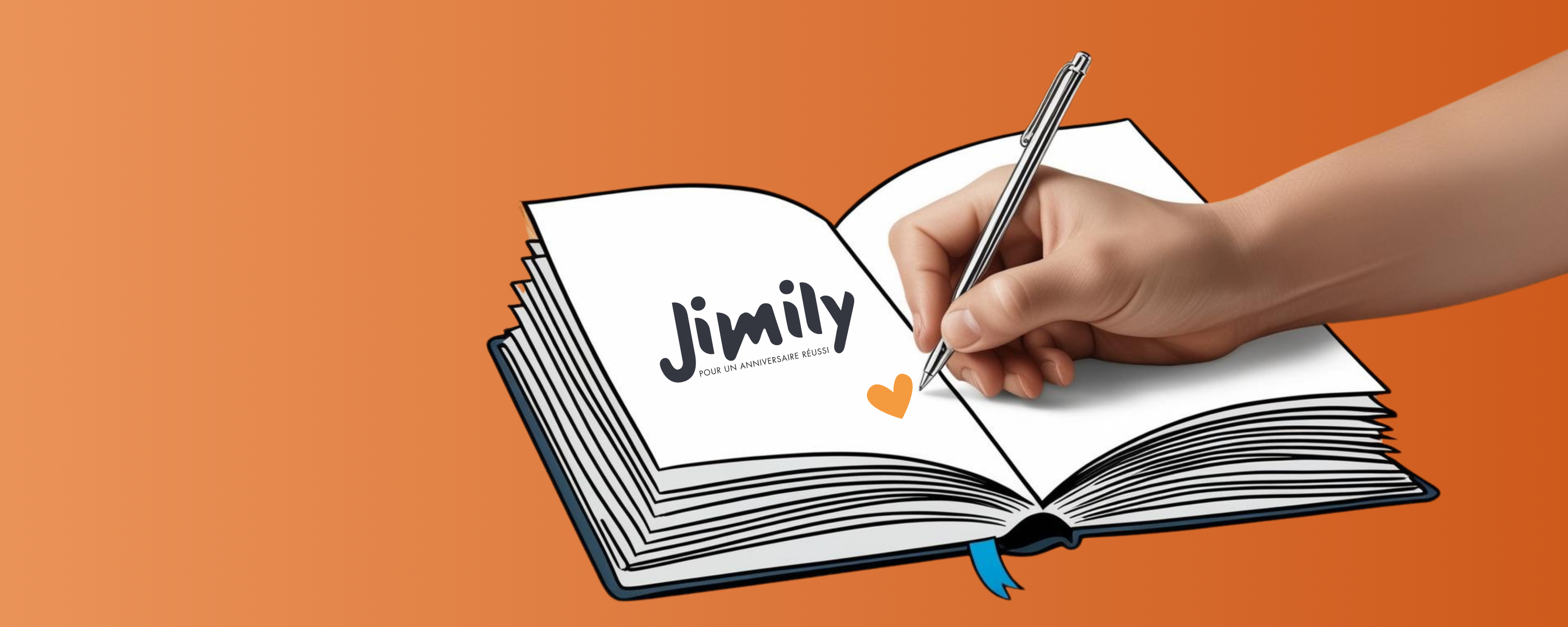 Main qui tient un stylo et qui écrit dans un livre ouvert l'histoire de Jimily