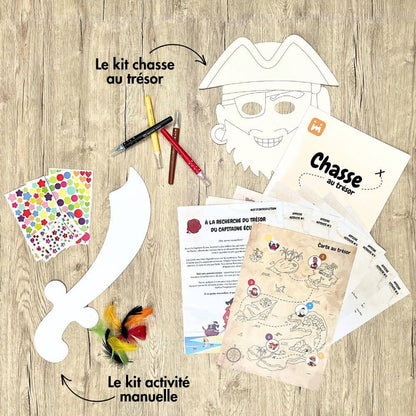 Box anniversaire Jimily Thème Pirate 7/11 ans. Présentation des activites disponibles pour occuper les enfants lors de la fête d’anniversaire :  Chasse au trésor avec masques de pirates à personnaliser ou  ou activité manuelle avec sabres de pirates à personnaliser avec gommettes, strass et plumes.  
