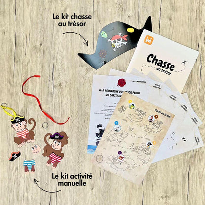 Box anniversaire Jimily Thème Pirates 4/7ans. Présentation des activites disponibles pour occuper les enfants lors de la fête d’anniversaire :  Chasse au trésor avec chapeaux de pirates à personnaliser ou activité manuelle avec la création d'un porte clé singe pirate en mousse. 