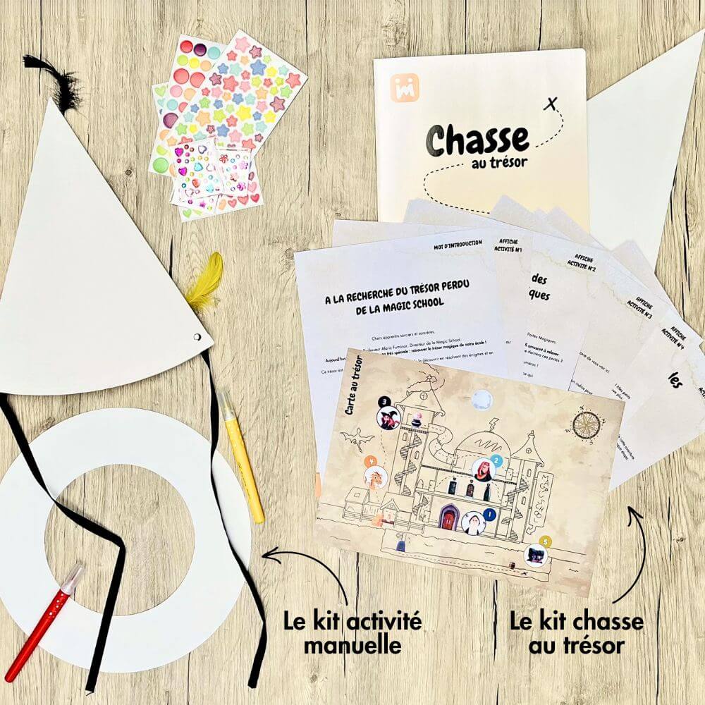 
Box anniversaire Jimily Thème Magie 7/11 ans. Présentation des activites disponibles pour occuper les enfants lors de la fête d’anniversaire :
Chasse au trésor avec chapeau de sorciers à personnaliser ou activité manuelle avec chapeau de sorciers à personnaliser avec gommettes, strass et plumes. 