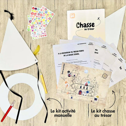 
Box anniversaire Jimily Thème Magie 7/11 ans. Présentation des activites disponibles pour occuper les enfants lors de la fête d’anniversaire :
Chasse au trésor avec chapeau de sorciers à personnaliser ou activité manuelle avec chapeau de sorciers à personnaliser avec gommettes, strass et plumes. 