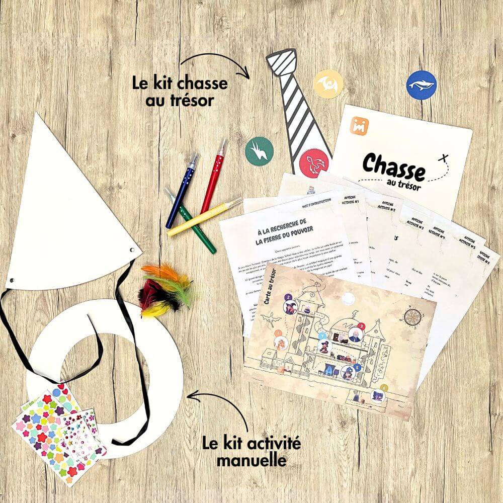 Box anniversaire Jimily Thème Magie 7/11 ans. Présentation des activites disponibles pour occuper les enfants lors de la fête d’anniversaire : Chasse au trésor avec cravates à personnaliser ou activité manuelle avec chapeau de sorciers à personnaliser avec gommettes, strass et plumes. 