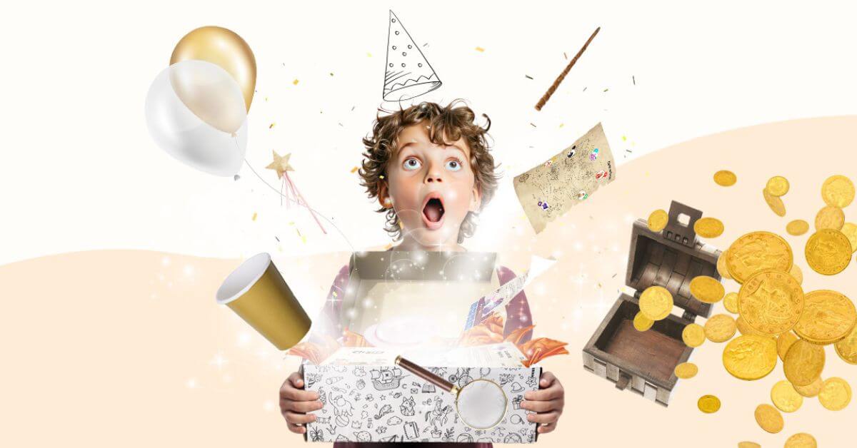 Box anniversaire Jimily : un enfant émerveillé tenant sa box, tandis que son contenu s'envole comme par magie pour une fête pleine de surprises et de créativité.