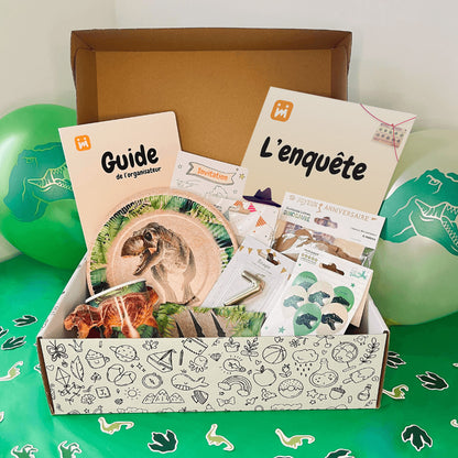 Box anniversaire Jimily Thème Dinosaure pour enfants de 7 à 10 ans avec une enquête, décorations, cadeaux surprises pour les invités ,invitations et guide de l'organisateur pour les parents