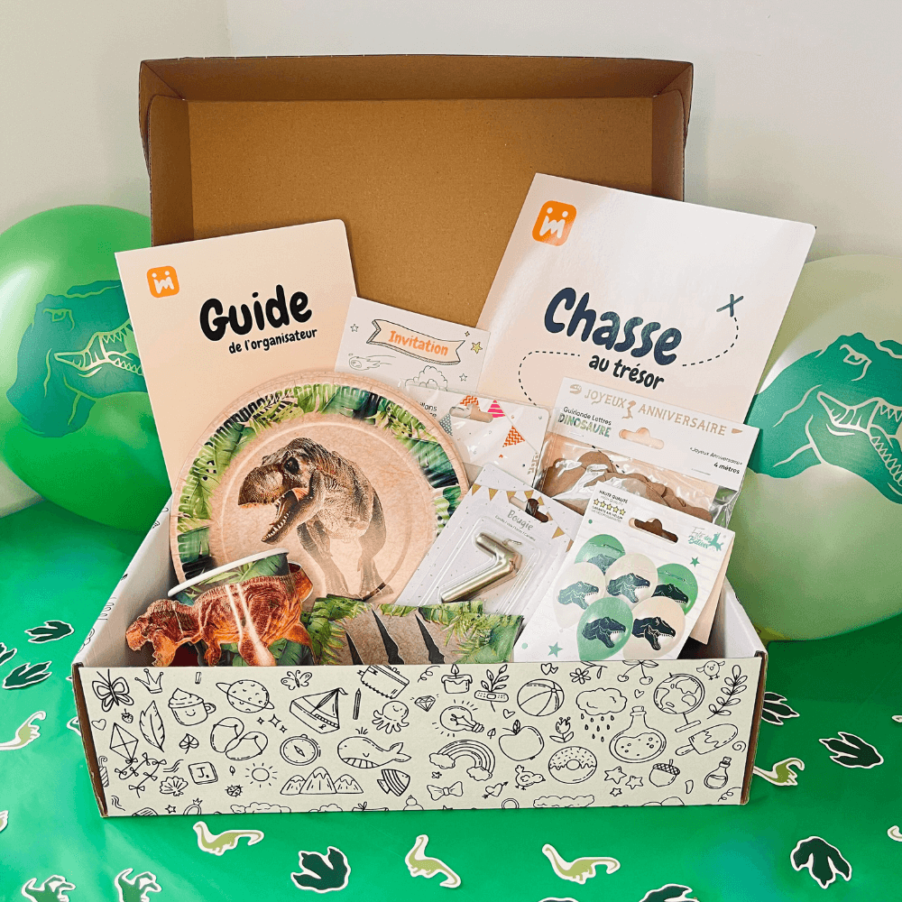 Box anniversaire Jimily Thème Dinosaure pour enfants de 4 à 11 ans avec chasse au trésor, décorations, cadeaux surprises pour les invités ,invitations et guide de l'organisateur pour les parents/