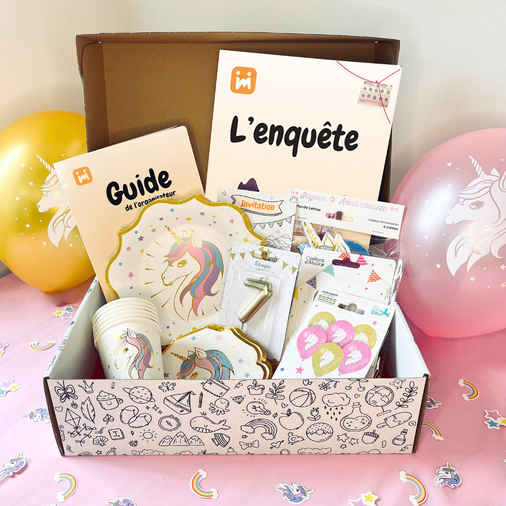 Box anniversaire Jimily Thème Licorne pour enfants de 4 à 10 ans avec une enquête, décorations, cadeaux surprises pour les invités ,invitations et guide de l'organisateur pour les parents