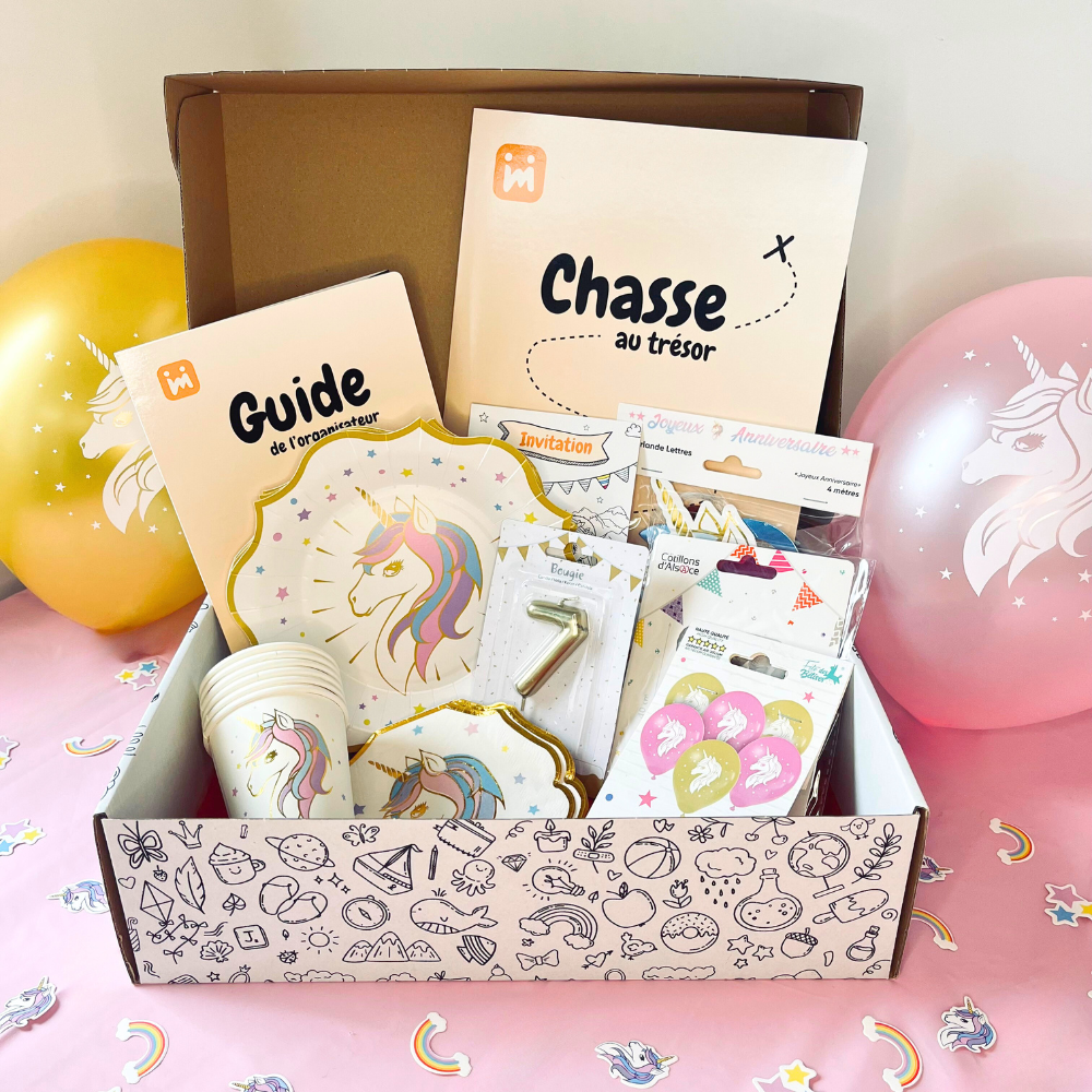 Box anniversaire Jimily Thème Licorne pour enfants de 4 à 11 ans avec chasse au trésor, décorations, cadeaux surprises pour les invités ,invitations et guide de l'organisateur pour les parents