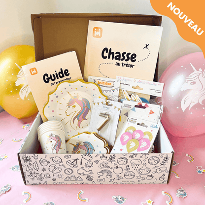 Box anniversaire Jimily Thème Licorne pour enfants de 4 à 11 ans avec chasse au trésor, décorations, cadeaux surprises pour les invités ,invitations et guide de l'organisateur pour les parents