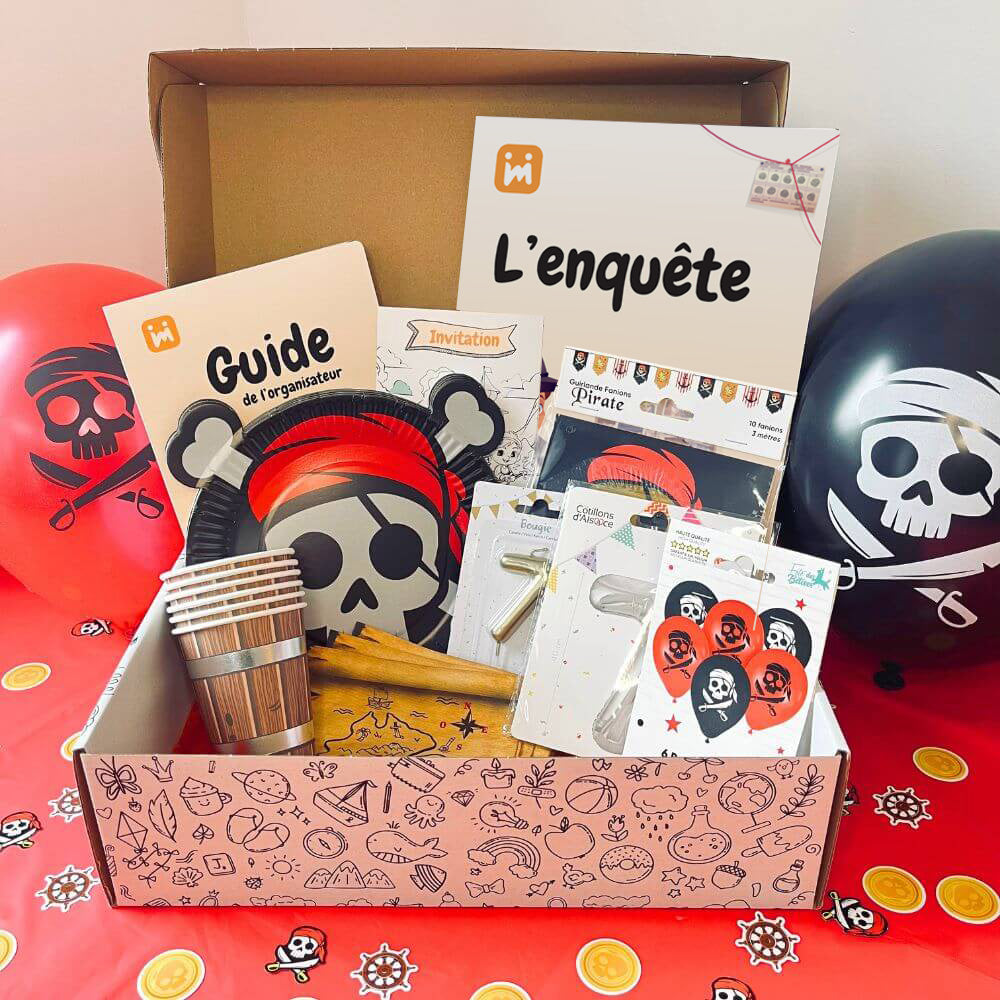 Box anniversaire Jimily Thème Pirate pour enfants de 4 à 10 ans avec une enquête, décorations, cadeaux surprises pour les invités ,invitations et guide de l'organisateur pour les parents.
