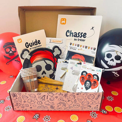 Box anniversaire Jimily Thème Pirate pour enfants de 4 à 11 ans avec chasse au trésor, décorations, cadeaux surprises pour les invités ,invitations et guide de l'organisateur pour les parents.
