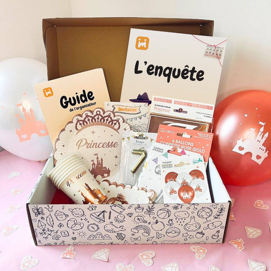 Box anniversaire Jimily Thème Princesse pour enfants de 7 à 10 ans avec une enquête décorations, cadeaux surprises pour les invités ,invitations et guide de l'organisateur pour les parents.