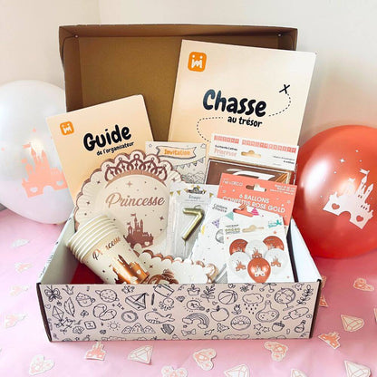 Box anniversaire Jimily Thème Princesse pour enfants de 4 à 11 ans avec chasse au trésor, décorations, cadeaux surprises pour les invités ,invitations et guide de l'organisateur pour les parents.