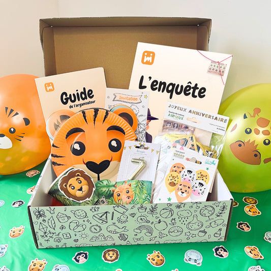 Box anniversaire Jimily Thème Safari pour enfants de 4 à 10 ans avec une enquête, décorations, cadeaux surprises pour les invités ,invitations et guide de l'organisateur pour les parents.