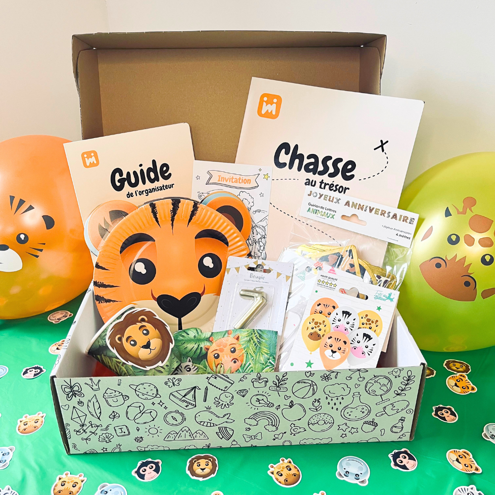 Box anniversaire Jimily Thème Safari pour enfants de 4 à 11 ans avec chasse au trésor, décorations, cadeaux surprises pour les invités ,invitations et guide de l'organisateur pour les parents.