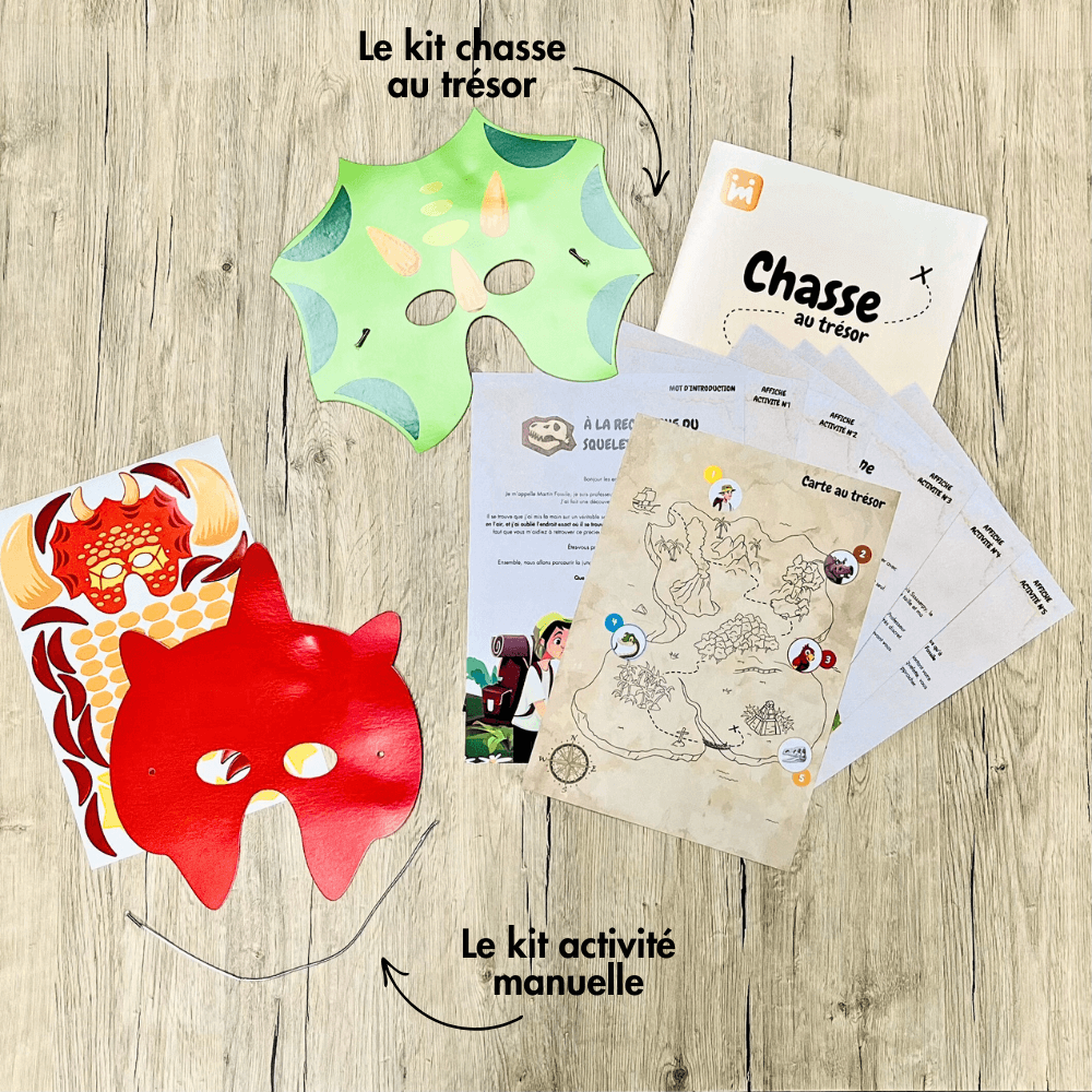 Box anniversaire Jimily Thème Dinosaure 4/7 ans. Présentation des activites disponibles pour occuper les enfants lors de la fête d’anniversaire :  Chasse au trésor avec masques de dinosaures à personnaliser ou activité manuelle avec masques de dinosaures à personnaliser avec des gommettes. 