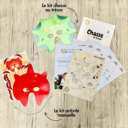 Box anniversaire Jimily Thème Dinosaure 4/7 ans. Présentation des activites disponibles pour occuper les enfants lors de la fête d’anniversaire :  Chasse au trésor avec masques de dinosaures à personnaliser ou activité manuelle avec masques de dinosaures à personnaliser avec des gommettes. 