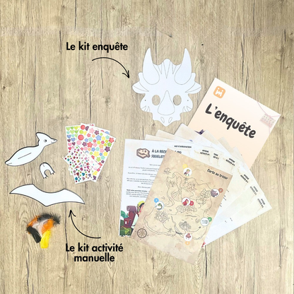 Box anniversaire Jimily Thème Dinosaure 7/10 ans. Présentation des activites disponibles pour occuper les enfants lors de la fête d’anniversaire :  Une enquête avec masques de dinosaures à colorier ou activité manuelle avec la création de planneurs dinosaures. 