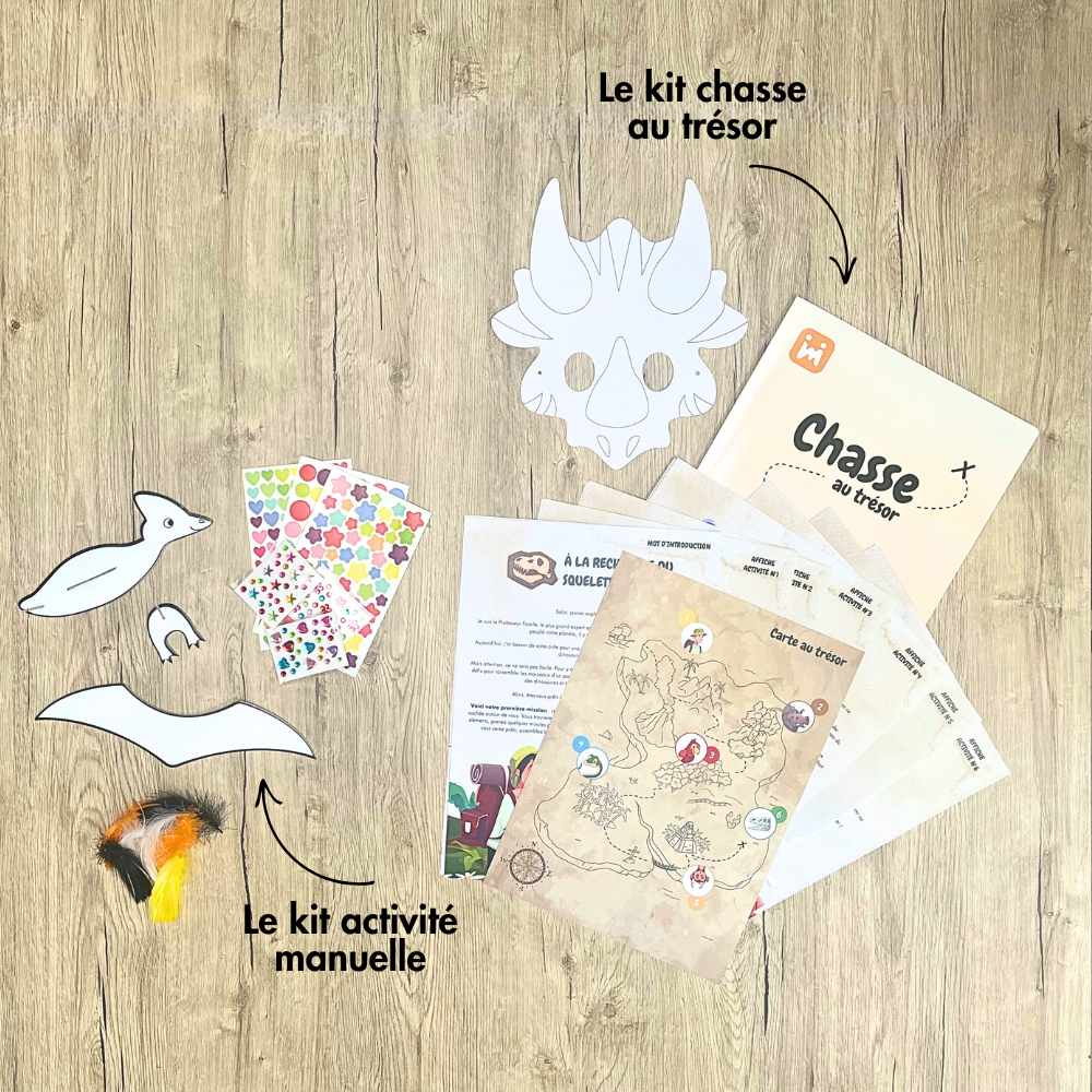 Box anniversaire Jimily Thème Dinosaure 7/11 ans. Présentation des activites disponibles pour occuper les enfants lors de la fête d’anniversaire :  Chasse au trésor avec masques de dinosaures à colorier ou activité manuelle avec la création de planneurs dinosaures. 