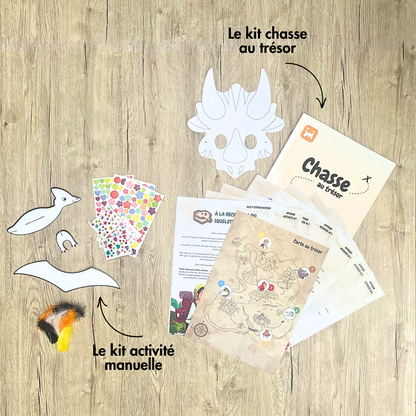 Box anniversaire Jimily Thème Dinosaure 7/11 ans. Présentation des activites disponibles pour occuper les enfants lors de la fête d’anniversaire :  Chasse au trésor avec masques de dinosaures à colorier ou activité manuelle avec la création de planneurs dinosaures. 