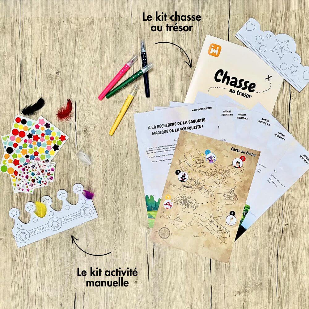 Box anniversaire Jimily Thème princesse 4/7 ans. Présentation des activites disponibles pour occuper les enfants lors de la fête d’anniversaire :  Chasse au trésor avec couronnes de princesses à personnaliser ou activité manuelle avec personnalisation de couronnes avec gommettes, strass et plumes. 