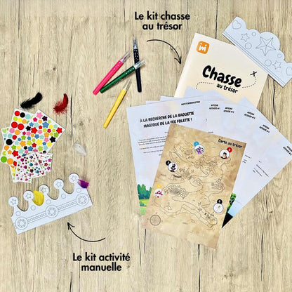 Box anniversaire Jimily Thème princesse 4/7 ans. Présentation des activites disponibles pour occuper les enfants lors de la fête d’anniversaire :  Chasse au trésor avec couronnes de princesses à personnaliser ou activité manuelle avec personnalisation de couronnes avec gommettes, strass et plumes. 