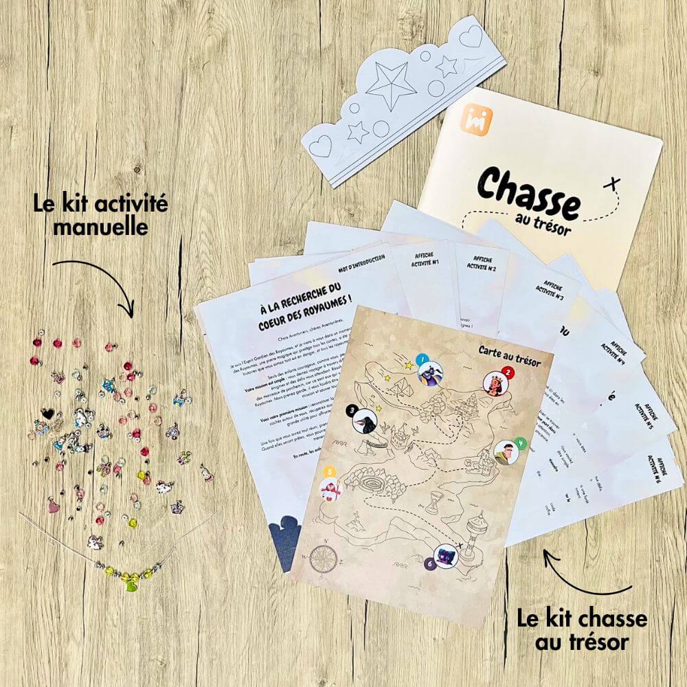 Box anniversaire Jimily Thème princesse 7/11 ans. Présentation des activites disponibles pour occuper les enfants lors de la fête d’anniversaire :  Chasse au trésor avec couronnes de princesses à personnaliser ou activité manuelle avec la création de bracelets sur le thème des princesses. 