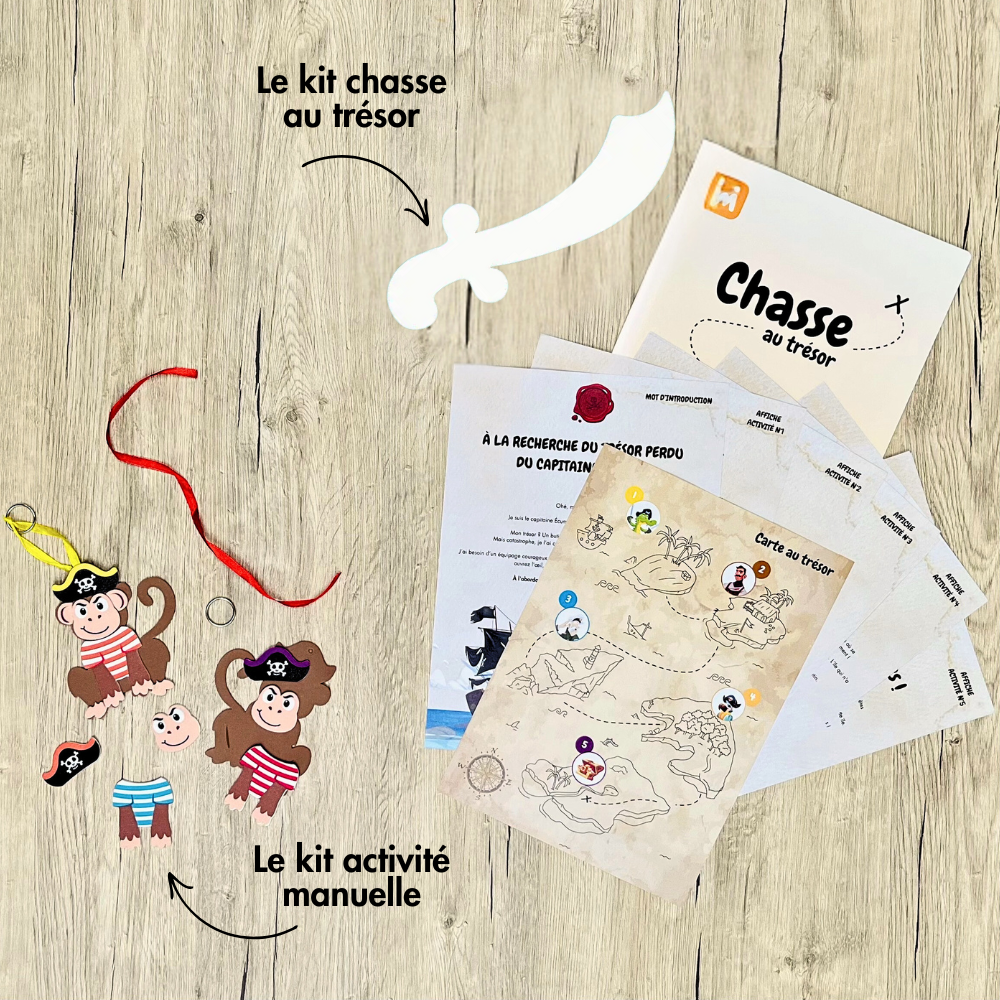 Box anniversaire Jimily Thème Pirates 4/7ans. Présentation des activites disponibles pour occuper les enfants lors de la fête d’anniversaire :  Chasse au trésor avec sabres de pirates à personnaliser ou activité manuelle avec la création d'un porte clé singe pirate en mousse. 