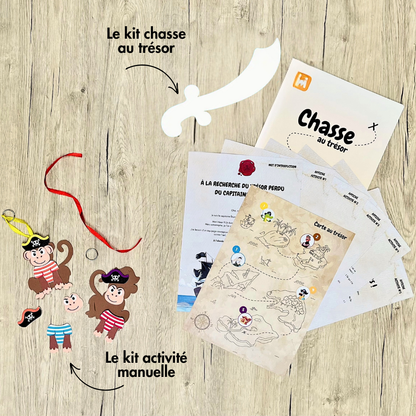 Box anniversaire Jimily Thème Pirates 4/7ans. Présentation des activites disponibles pour occuper les enfants lors de la fête d’anniversaire :  Chasse au trésor avec sabres de pirates à personnaliser ou activité manuelle avec la création d'un porte clé singe pirate en mousse. 