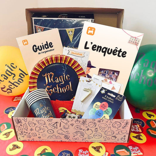 Box anniversaire Jimily Thème Magie pour enfants de 7 à 10 ans avec une enquête, décorations, cadeaux surprises pour les invités ,invitations et guide de l'organisateur pour les parents