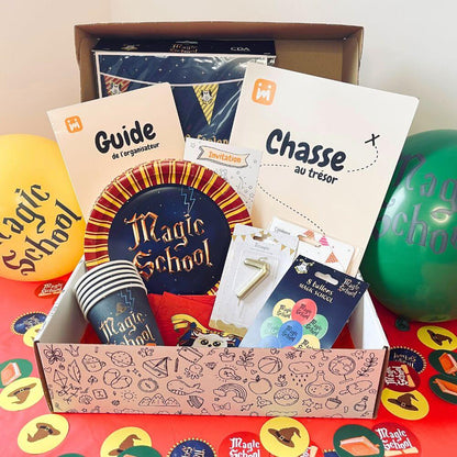 Box anniversaire Jimily Thème Magie pour enfants de 4 à 11 ans avec chasse au trésor, décorations, cadeaux surprises pour les invités ,invitations et guide de l'organisateur pour les parents