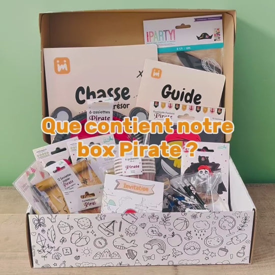 Vidéo de présentation de la box anniversaire Jimily thème Pirate pour les enfants de  4 à 7 ans avec tout le contenu : décoration, activité chasse au trésor, cadeaux pour les invités, invitations, et guide pour les parents. 
