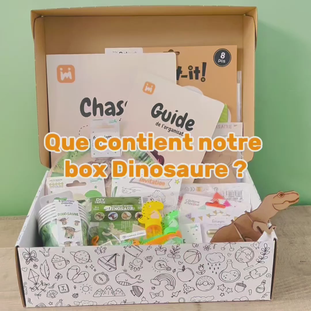 Vidéo de présentation de la box anniversaire Jimily thème Dinosaure pour les enfants de  7 à 11 ans avec tout le contenu : décoration, activité chasse au trésor, cadeaux pour les invités, invitations, et guide pour les parents. 