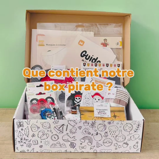 Vidéo de présentation de la box anniversaire Jimily thème Pirates pour les enfants de  7 à 11 ans avec tout le contenu : décoration, activité chasse au trésor, cadeaux pour les invités, invitations, et guide pour les parents. 