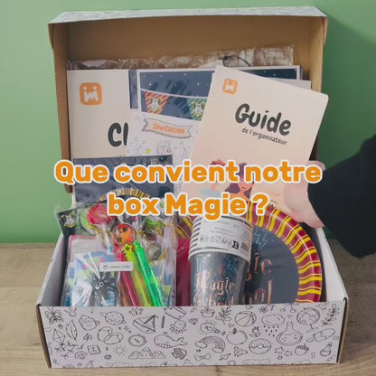 Vidéo de présentation de la box anniversaire Jimily thème magie pour les enfants de  4 à 7 ans avec tout le contenu : décoration, activité chasse au trésor, cadeaux pour les invités, invitations, et guide pour les parents. 