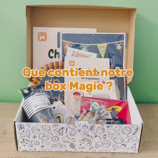 Vidéo de présentation de la box anniversaire Jimily thème magie pour les enfants de  7 à 11 ans avec tout le contenu : décoration, activité chasse au trésor, cadeaux pour les invités, invitations, et guide pour les parents. 