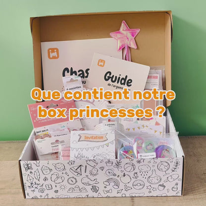 Vidéo de présentation de la box anniversaire Jimily thème Princesses pour les enfants de  4 à 7 ans avec tout le contenu : décoration, activité chasse au trésor, cadeaux pour les invités, invitations, et guide pour les parents. 